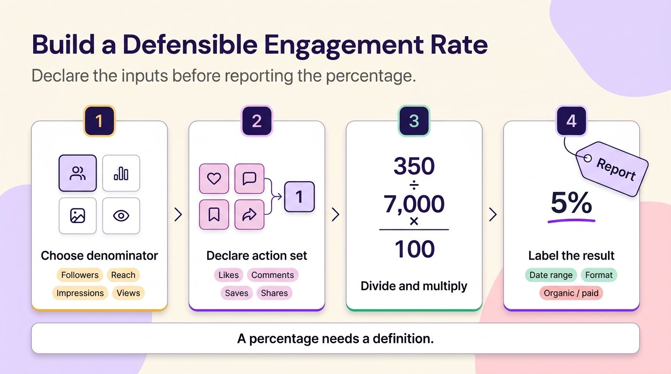 Four-step engagement rate workflow: choose a denominator, declare engagement actions, calculate the percentage, and label the reporting context.