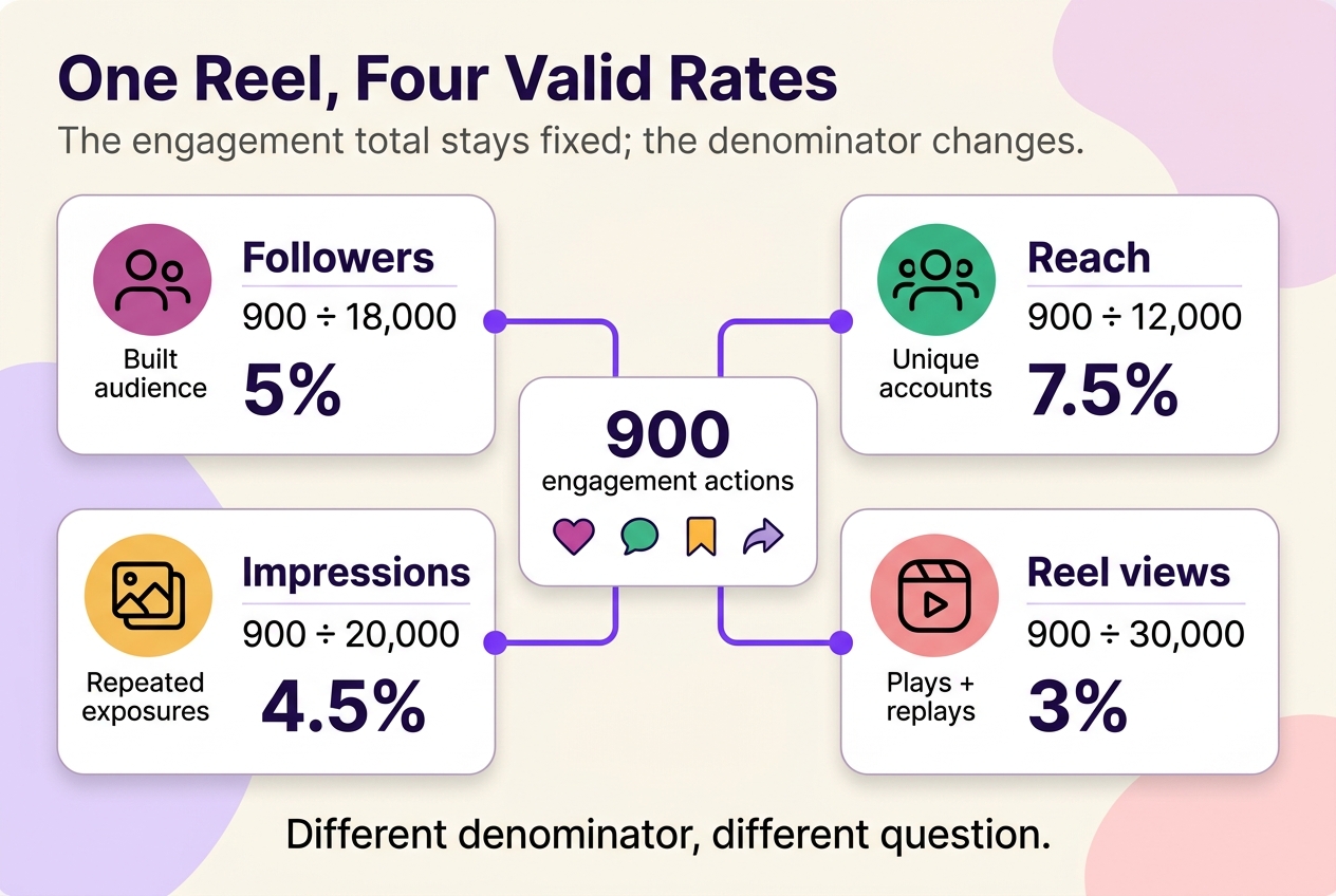 Comparison diagram showing one Reel with 900 engagement actions producing four valid rates based on followers, reach, impressions, and views.