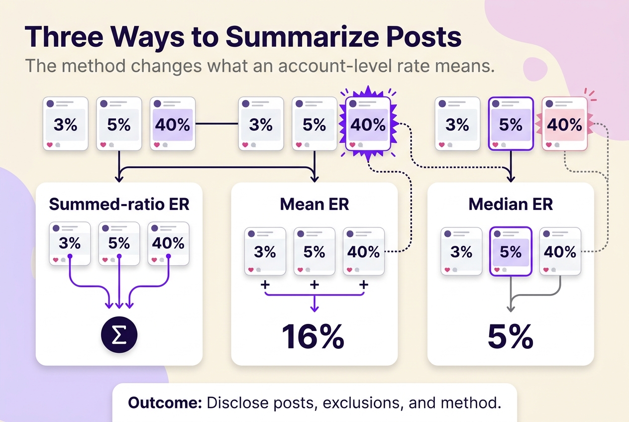 Account-level engagement rate comparison showing how summed ratio, mean, and median treat post rates of 3%, 5%, and 40% differently.