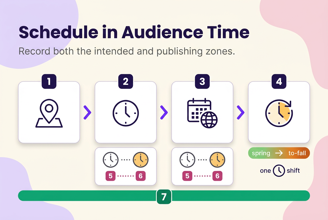 Four-step workflow for scheduling Instagram posts in the audience's local time and rechecking time-zone conversion when seasons change.