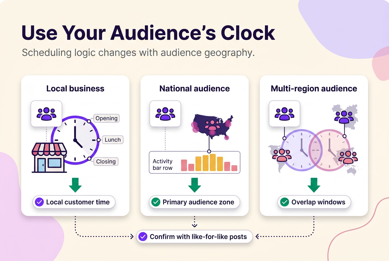 Comparison of local, national, and multi-region audience clocks for choosing TikTok test windows.