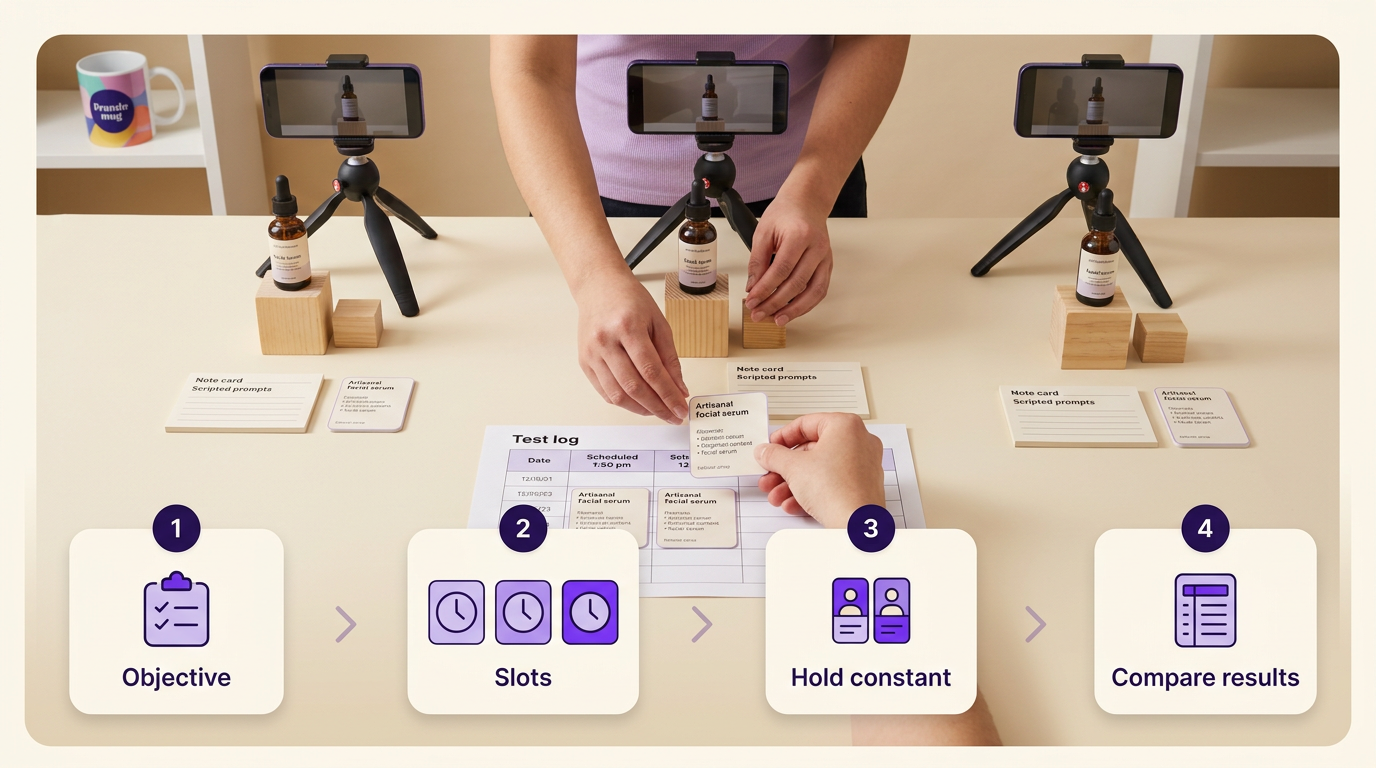 Creator organizing matching video concepts into different test slots while holding content format constant.