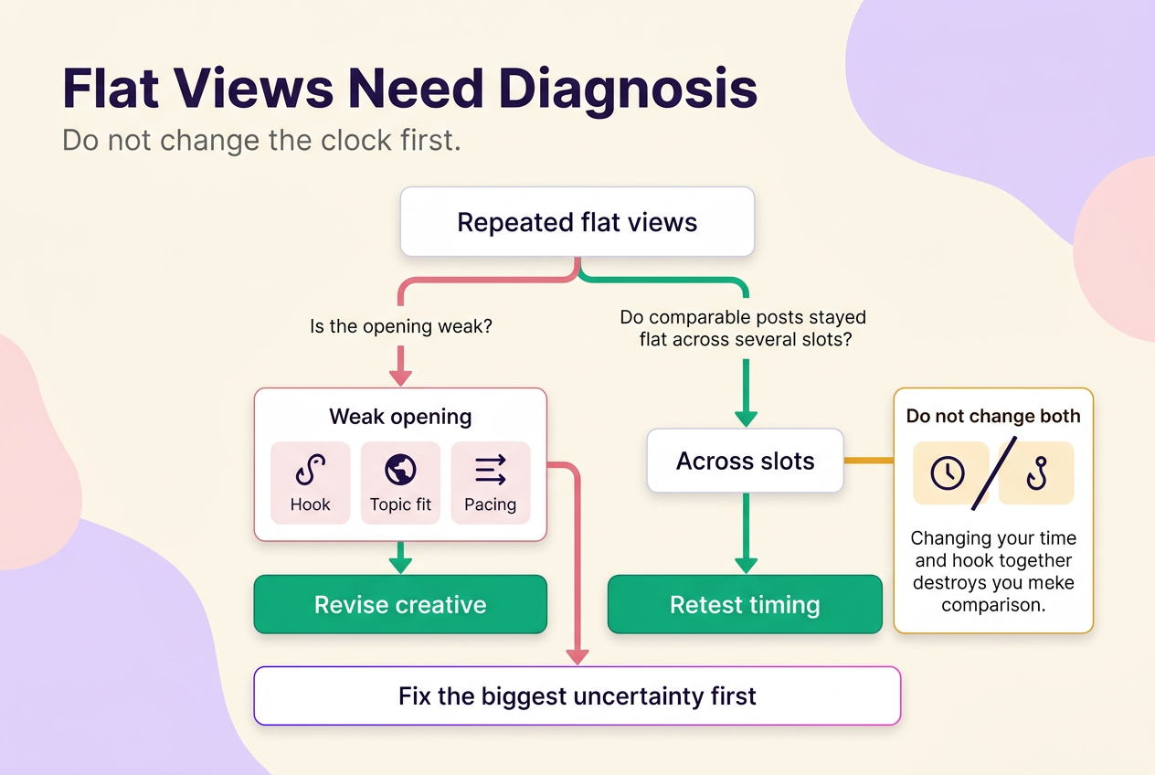 Decision tree showing when flat TikTok views point to weak creative versus when timing should be retested.