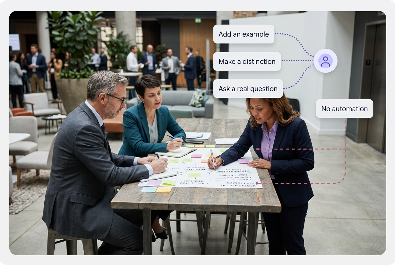 Professional roundtable scene showing that substantive LinkedIn participation adds examples, distinctions, or real questions instead of automated engagement.