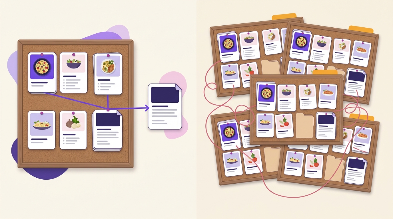 Editorial illustration contrasting one focused topical Pinterest board with overlapping duplicate boards that split the same content.