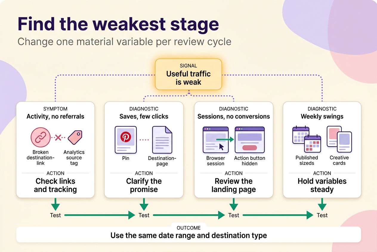 Pinterest traffic diagnostic tree linking four weak-traffic symptoms to link tracking, promise, landing page, and consistency tests.