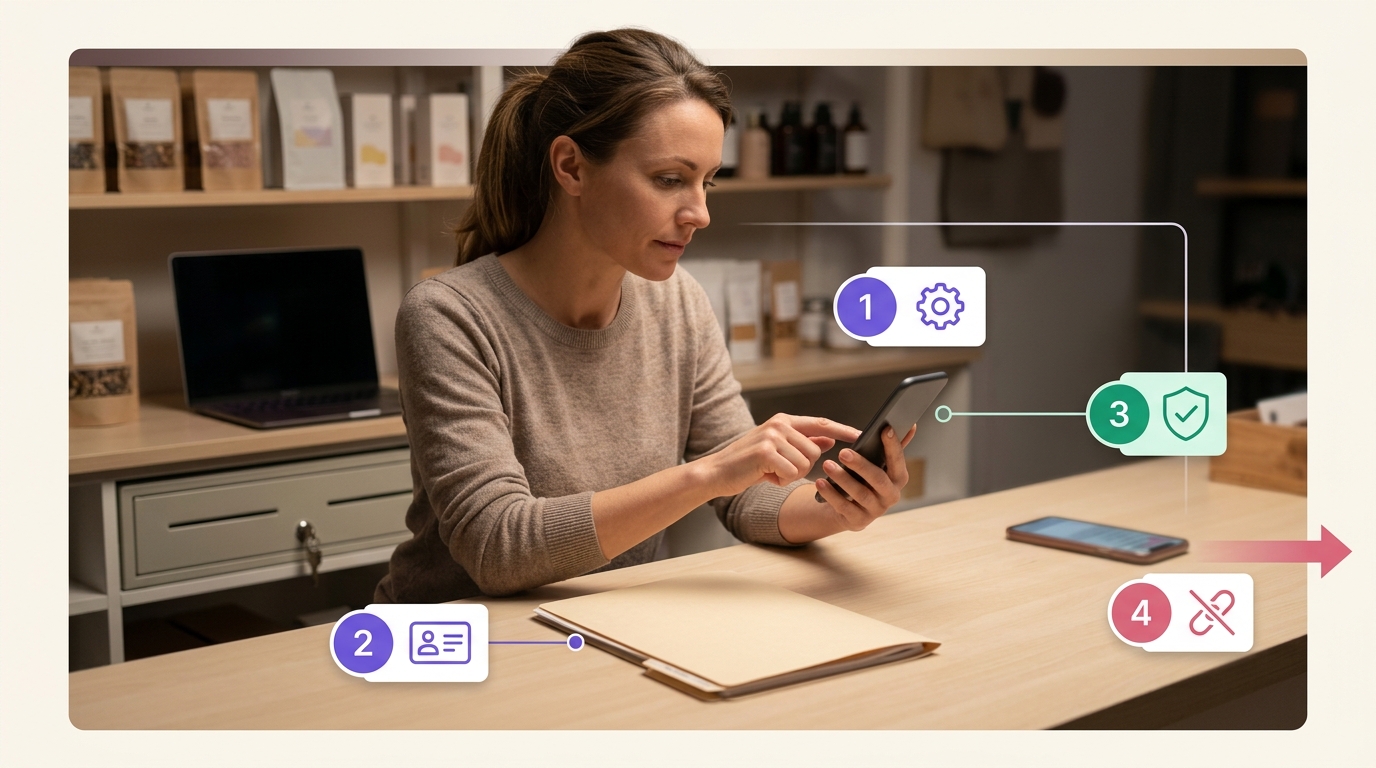 Small-business owner uses official account settings and documents while avoiding a suspicious verification message.