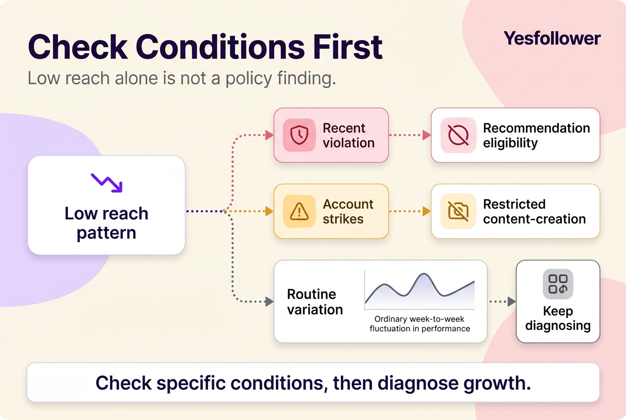 Decision tree separating Facebook Page policy conditions from normal reach variation.
