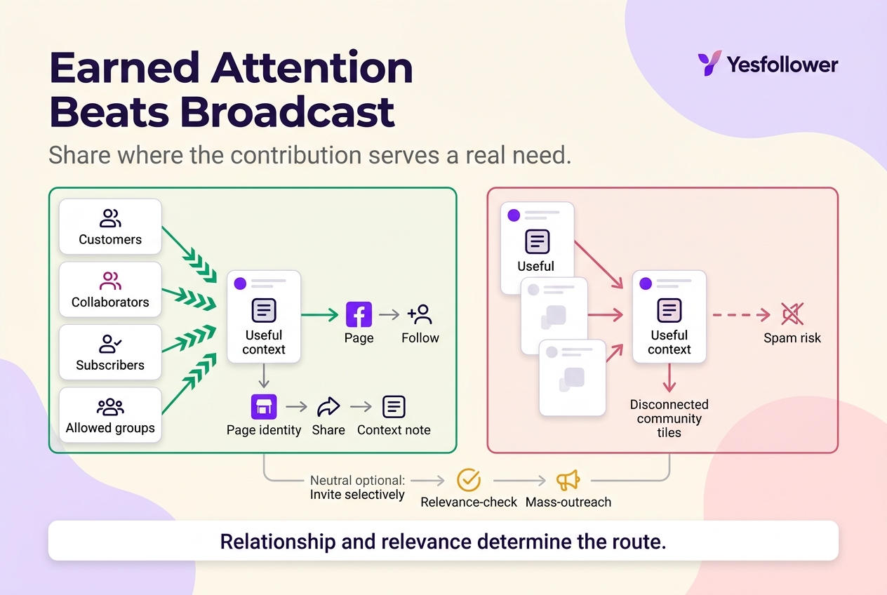 Comparison of earned Facebook Page distribution through relevant communities versus repetitive promotional sharing.