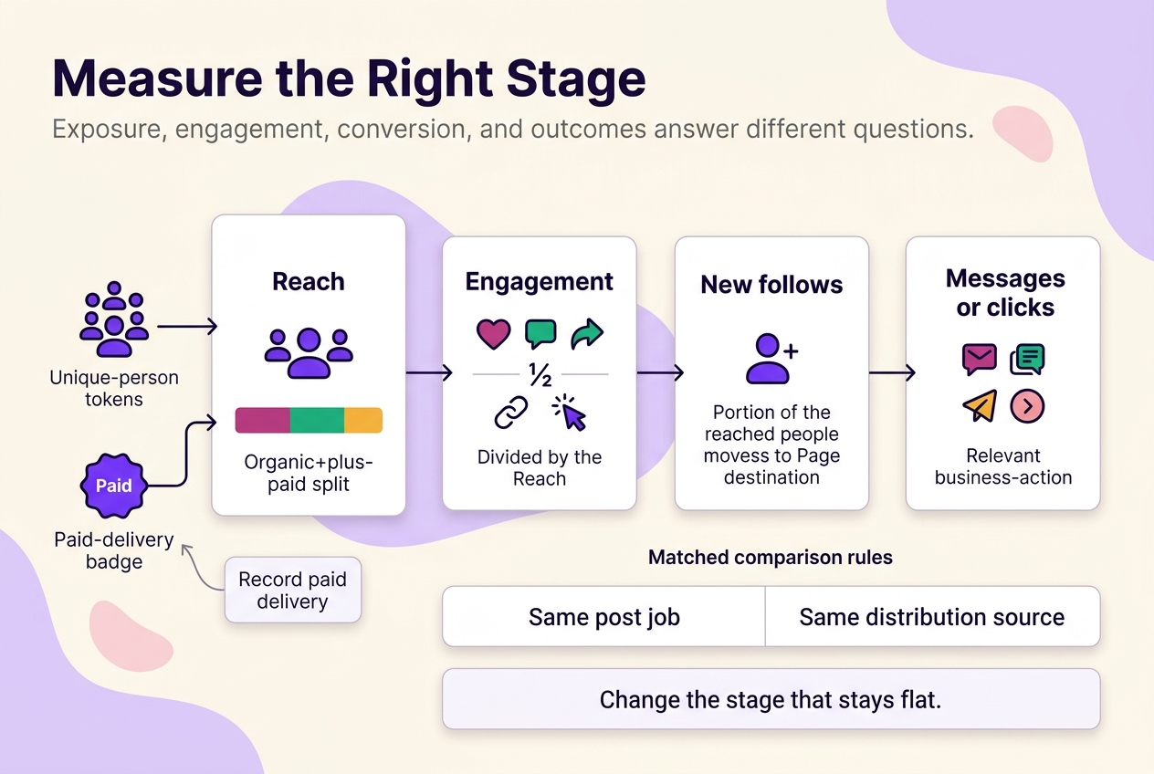 Funnel explaining how reach, engagement, follows, and business actions measure different Facebook Page growth stages.