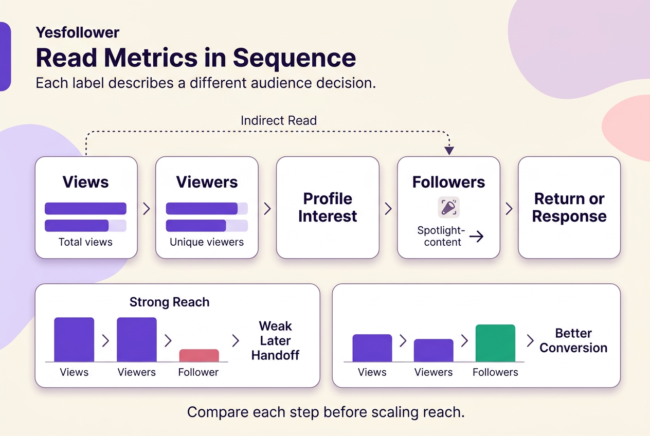 Analytics sequence showing why views, viewers, followers, and returning responses must be interpreted as separate audience decisions.