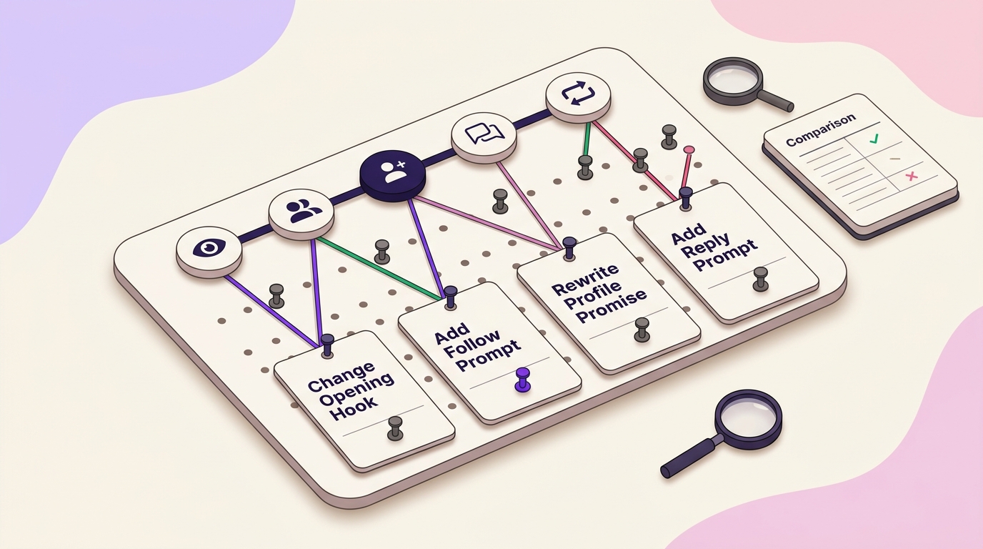 Diagnostic board connecting the first weak Snapchat growth signal to one focused test, such as a better hook, follow prompt, profile promise, or reply prompt.