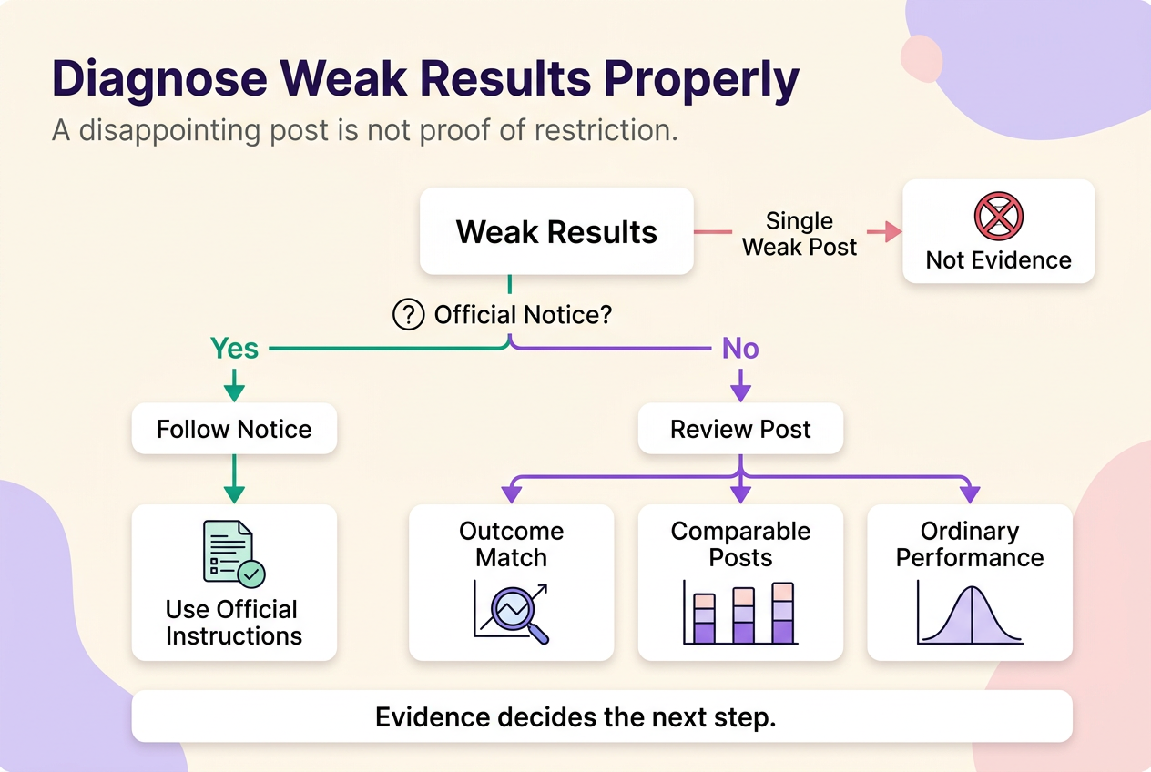 Decision tree showing that official Threads notices require following instructions, while weak results without a notice require ordinary post review.