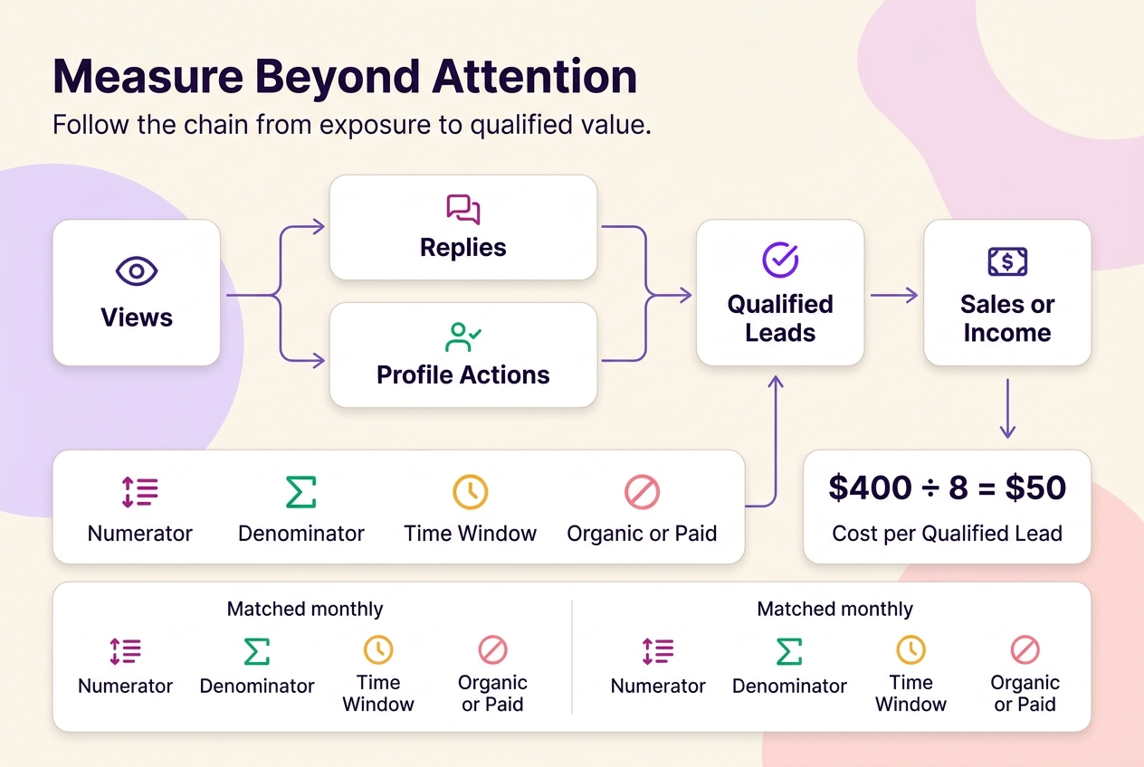Threads measurement funnel connecting views and replies to profile actions, qualified leads, and business value, with a cost per qualified lead example.