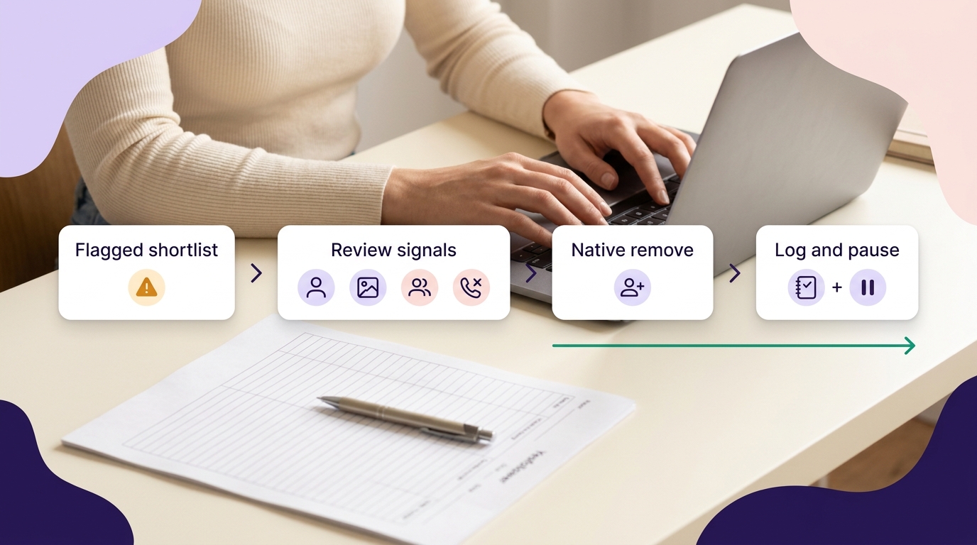 Hybrid workflow showing a creator moving from a flagged follower shortlist through profile review, native removal, and a logged pause.