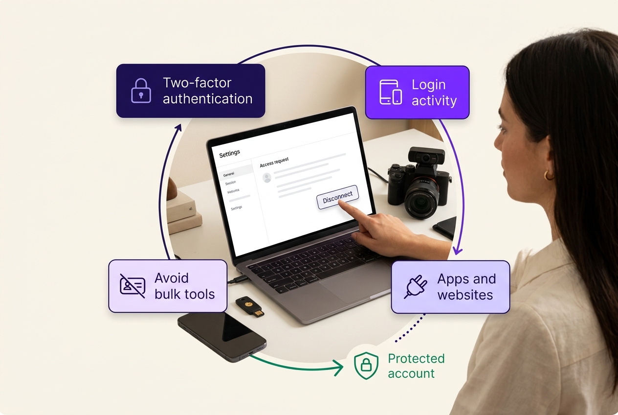 Creator reviewing account security with two-factor authentication, login activity, connected apps, and avoidance of bulk cleanup tools.