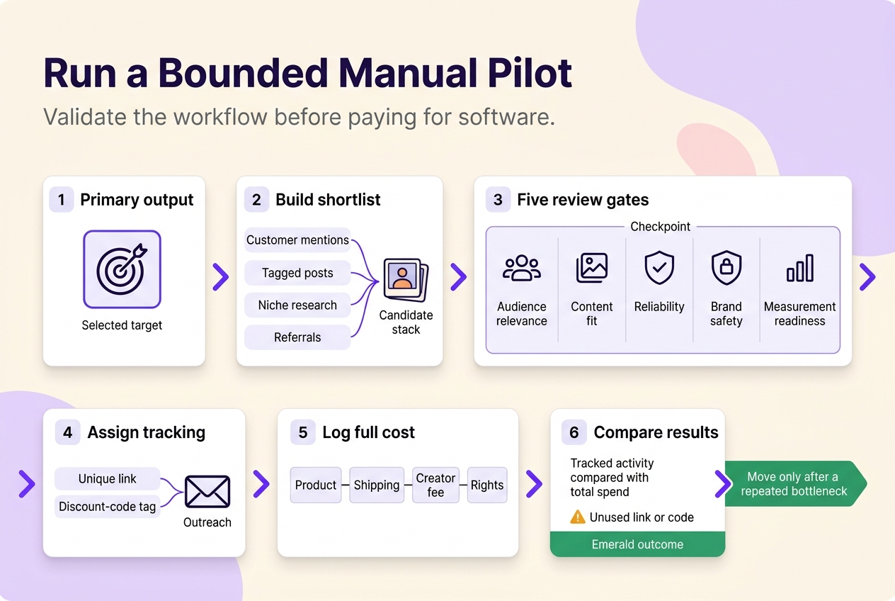 Six-step manual Instagram creator campaign pilot from choosing an output through vetting, tracking, cost logging, and result comparison.