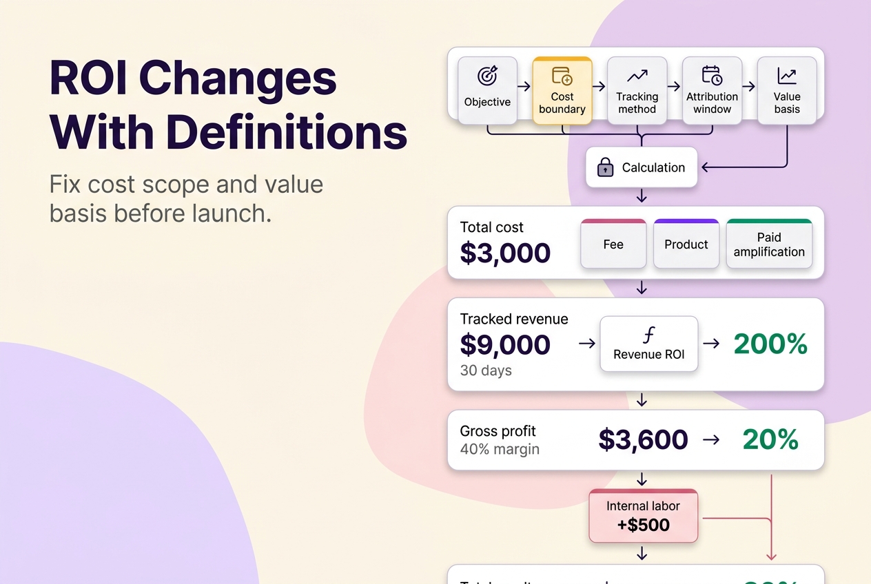 ROI ladder showing how a $3,000 campaign changes from 200 percent revenue ROI to 20 percent gross-profit ROI before internal labor.
