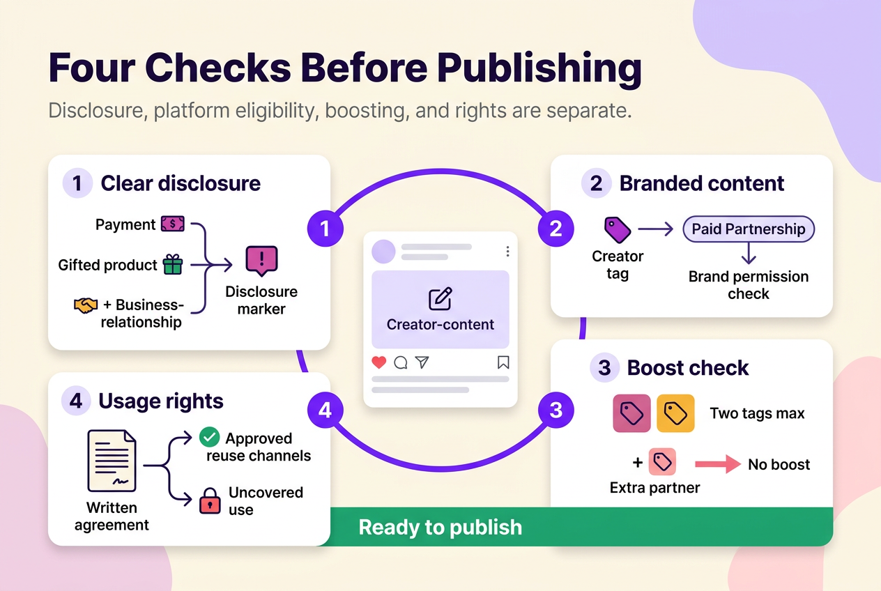 Four-part Instagram creator content checklist covering clear disclosure, branded content permission, boost limits, and written usage rights.