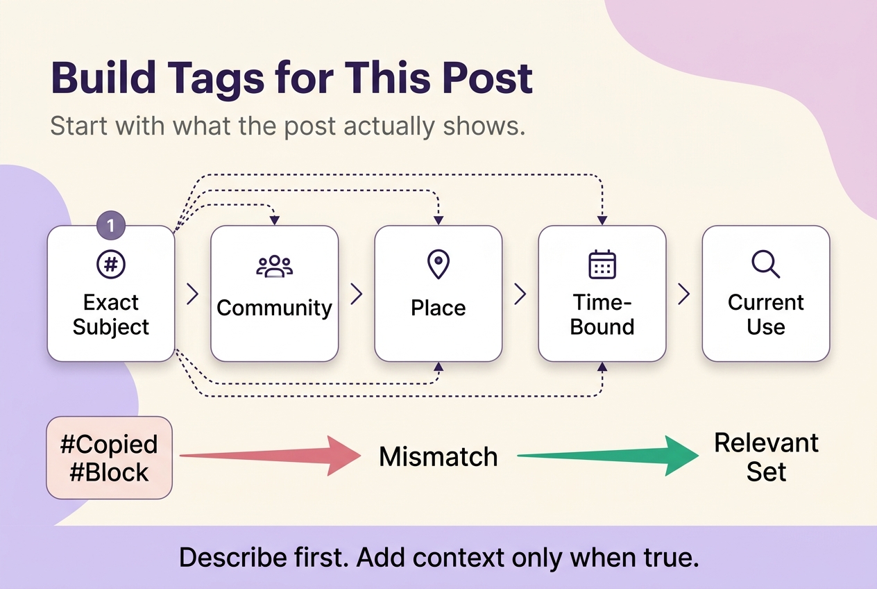 Five-step hashtag workflow showing exact subject first, optional context checks, and a final current-use review.