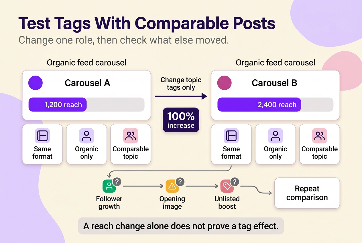 Comparison diagram showing two organic carousels with 1,200 and 2,400 reach and checks needed before crediting hashtags.