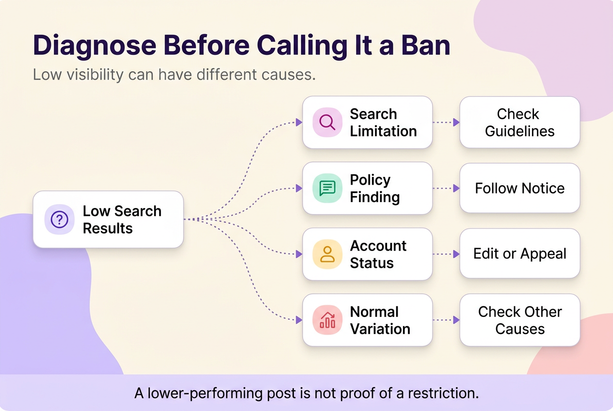 Decision tree showing that low hashtag search results, policy findings, Account Status, and normal variation require different checks.