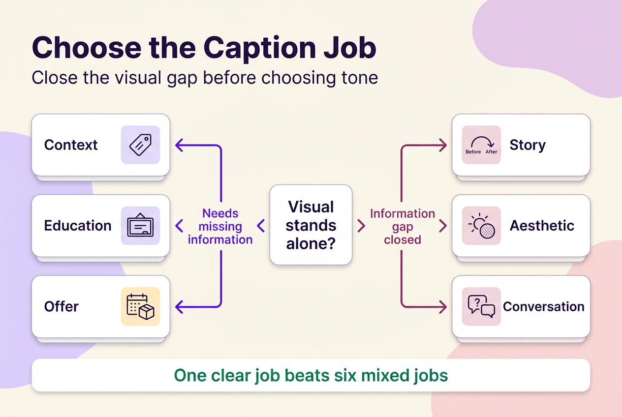Decision diagram separating captions that fill an information gap from captions used for story, mood, or conversation after the visual is already clear.