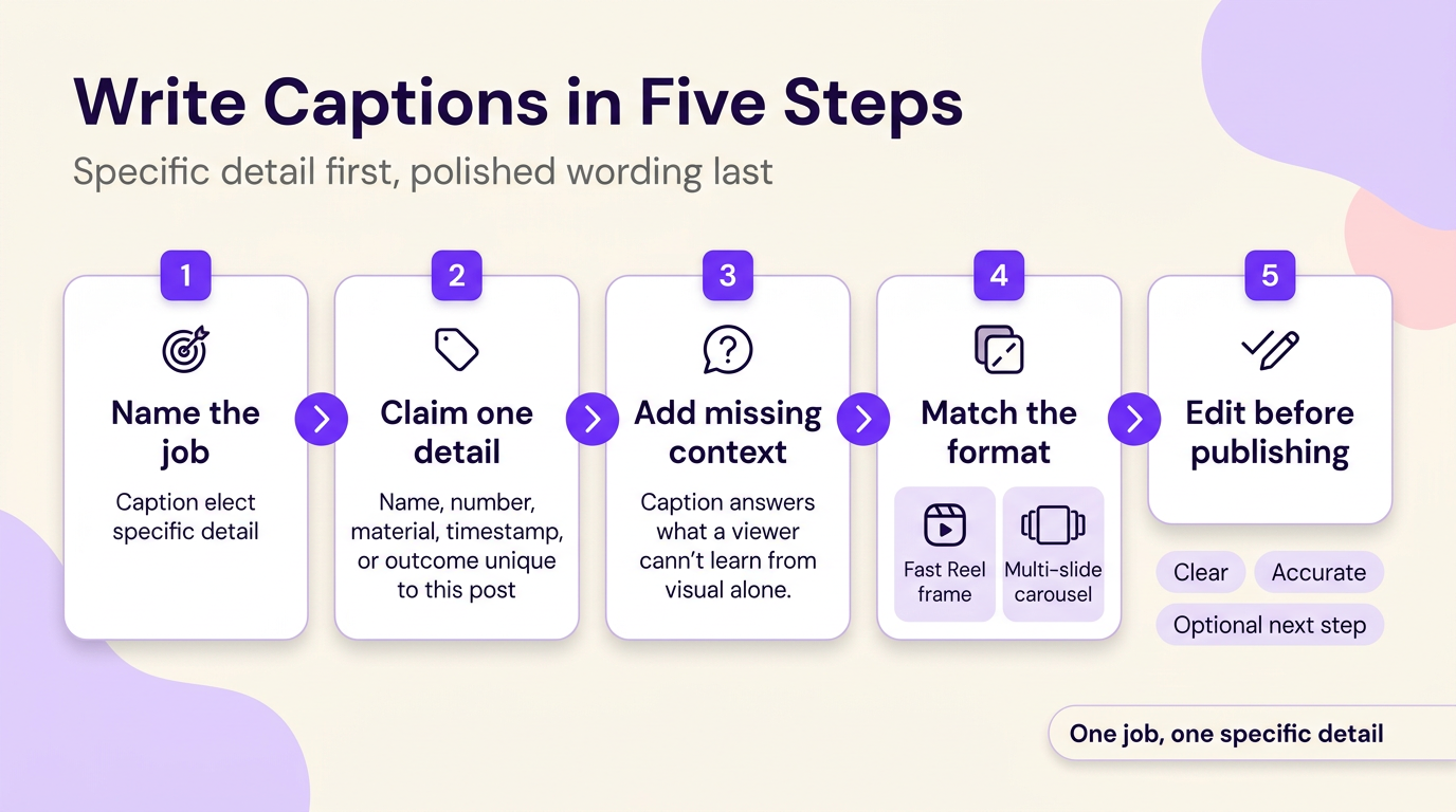 Five-step process for writing Instagram captions: choose the job, identify one unique detail, add missing context, match the format, and edit for clarity.
