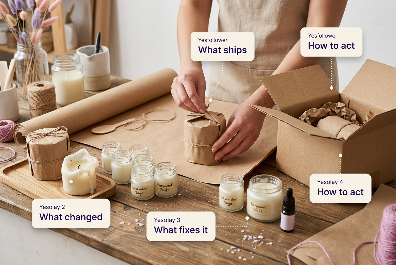 Hands packing handmade candle orders with overlays showing how the same maker content can support context, story, education, or an offer caption.
