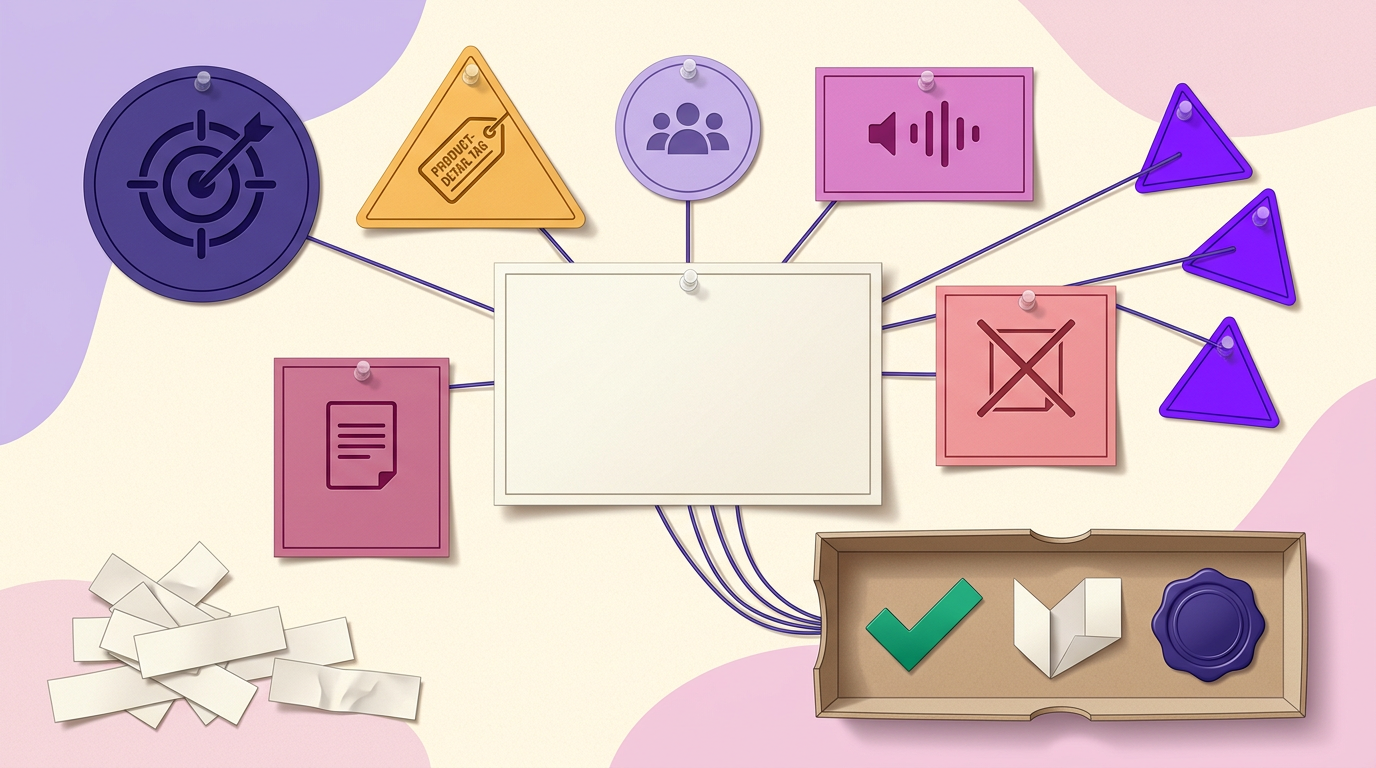 Editorial illustration showing the parts of a detailed caption-writing brief feeding into a draft, followed by fact, originality, and rights checks.
