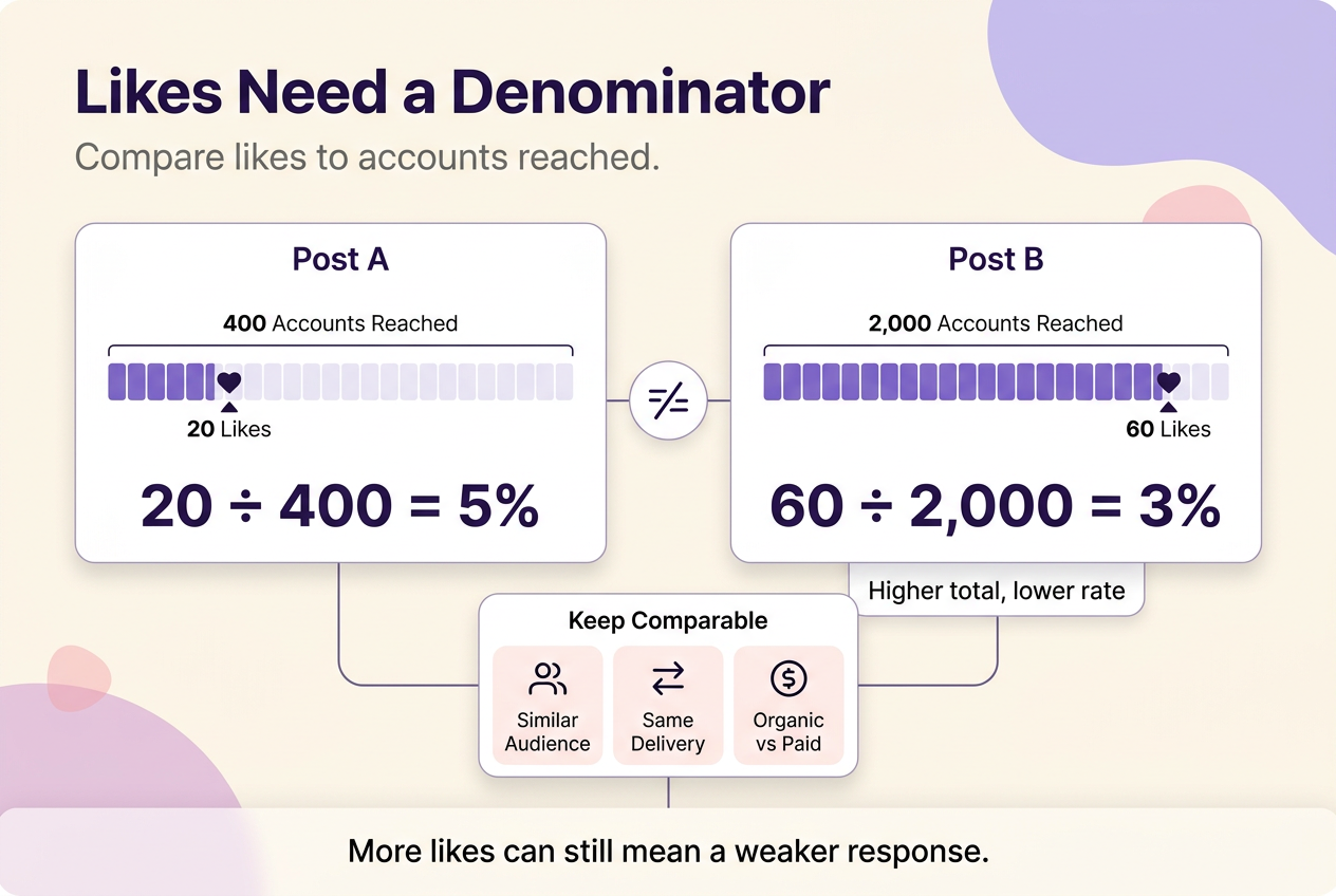 Comparison of 20 likes from 400 reached accounts and 60 likes from 2,000 reached accounts, showing why a higher total can have a lower like rate.