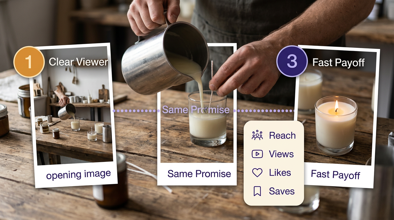 Hands filming a candle-making Reel sequence with overlays showing a clear opening, consistent payoff, and separate reach, views, likes, and saves metrics.