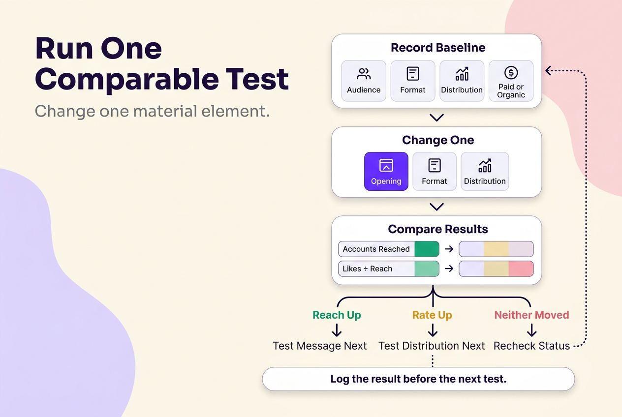Controlled Instagram testing loop that records a baseline, changes one element, compares reach and like rate, and selects the next test branch.