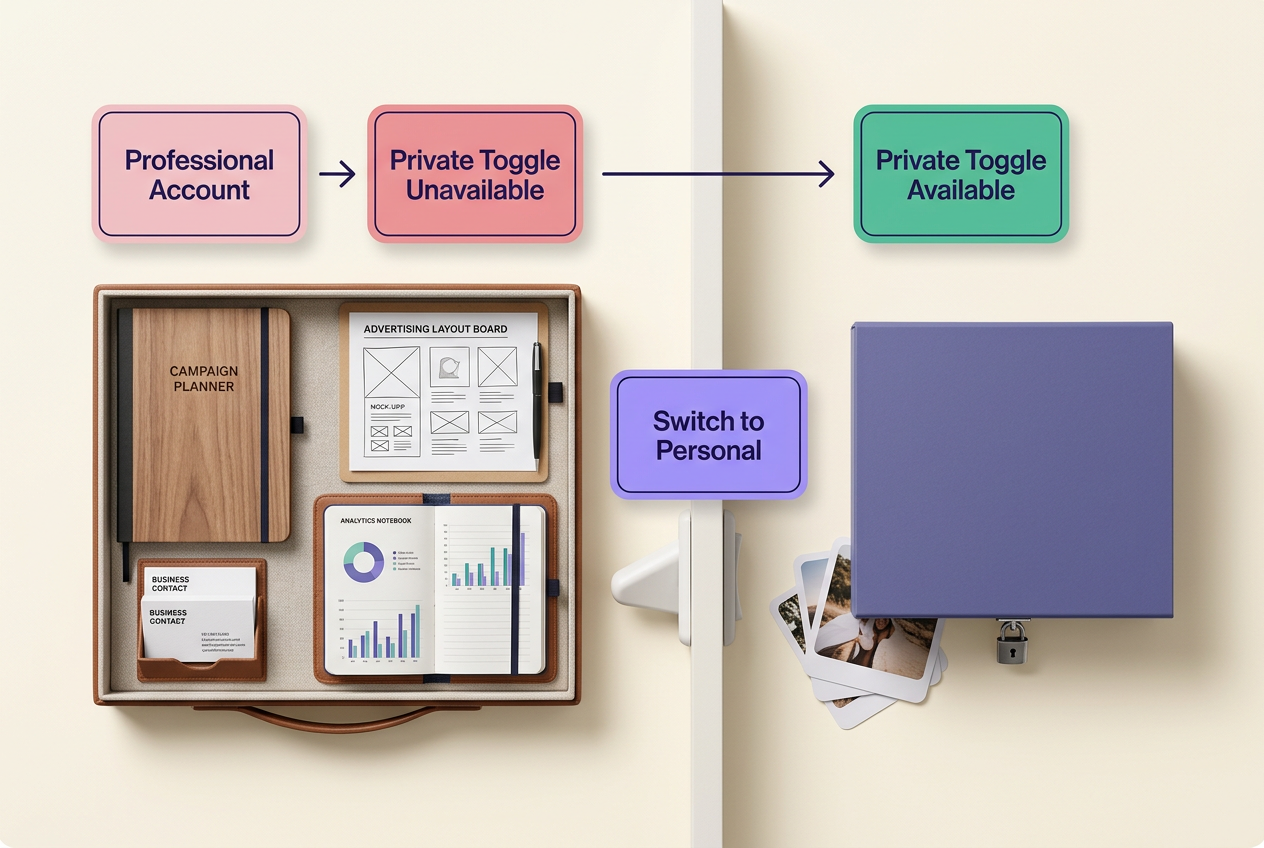 Top-down decision visual showing that professional Instagram accounts cannot be private until they are switched to personal accounts.