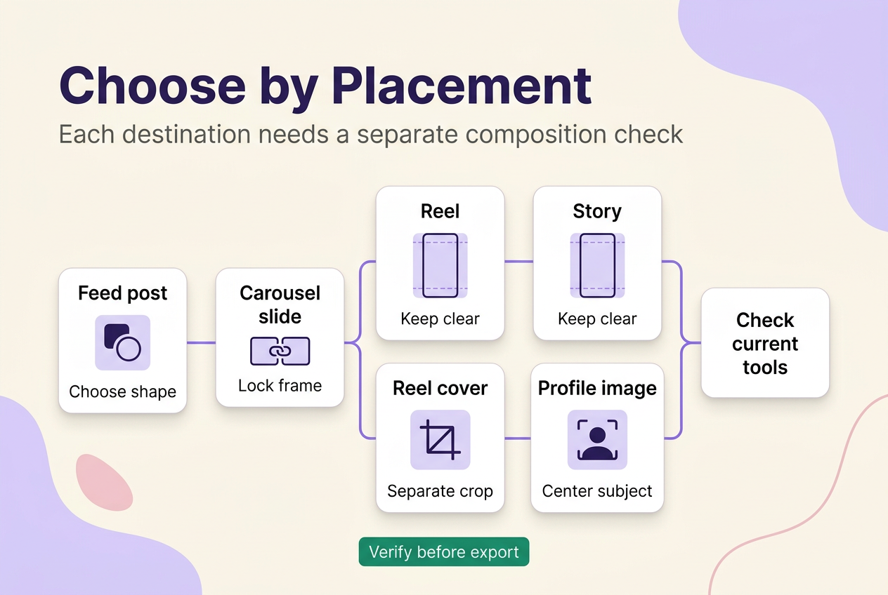 Placement map showing distinct composition checks for Feed posts, carousels, Reels, Stories, Reel covers, and profile images.