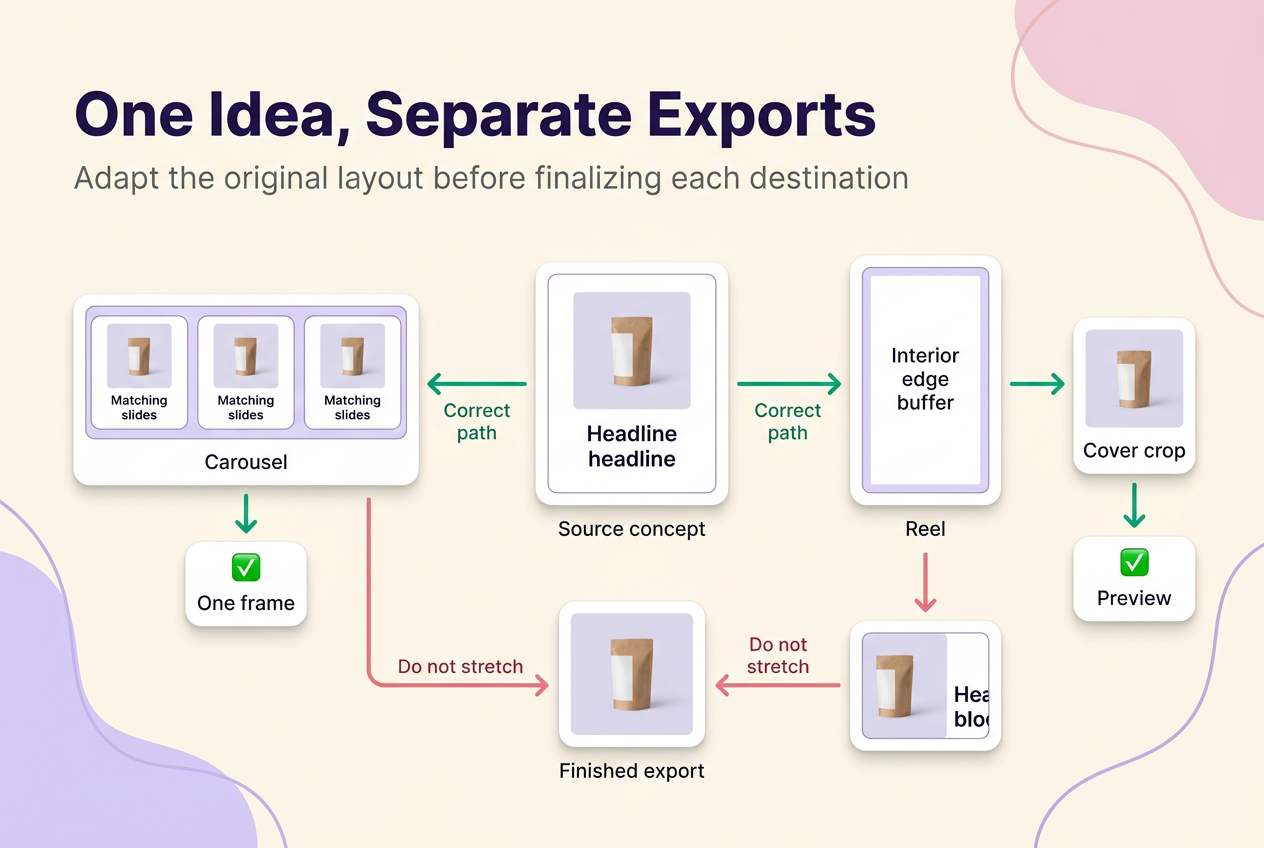 Comparison showing correct separate exports for carousel and Reel cover versus a stretched finished file that causes crop loss.