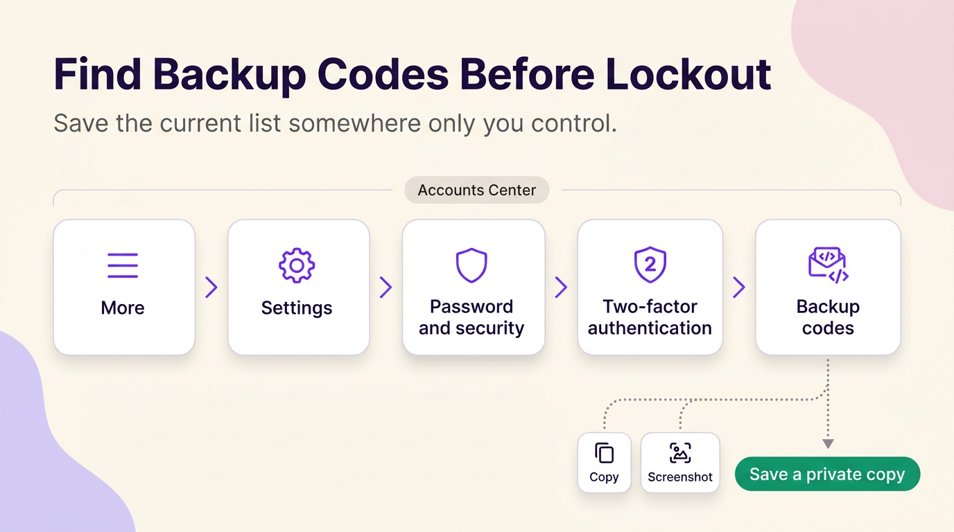 Step-by-step Instagram security path showing where to find backup codes and save a private copy.