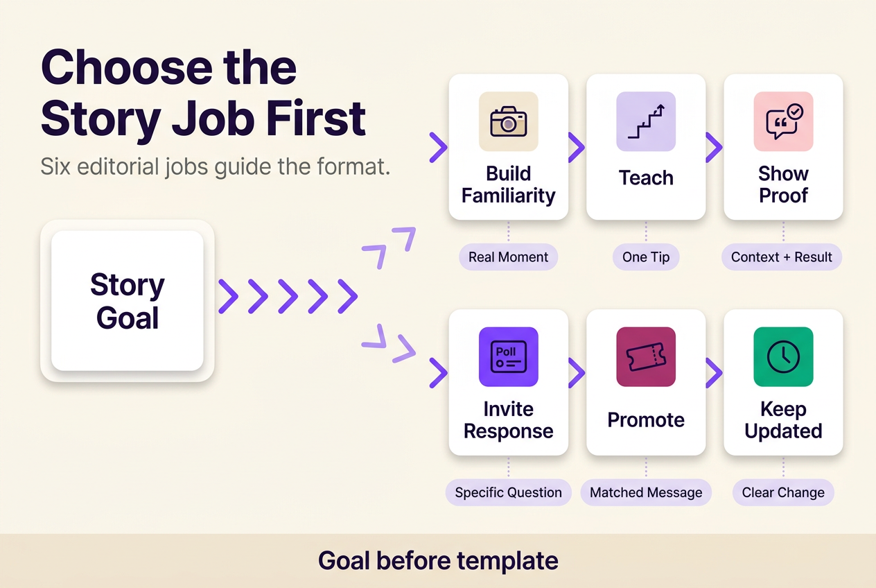 Six-part Instagram Story planning diagram showing how familiarity, teaching, proof, response, promotion, and updates lead to different Story treatments.