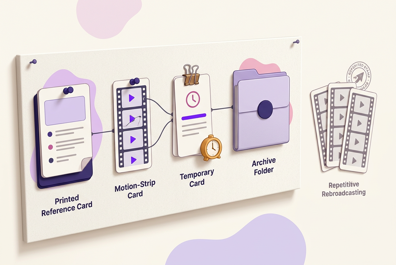 Editorial illustration showing distinct roles for durable content, timely Story promotion, and saved Highlight references versus duplicate reposting.
