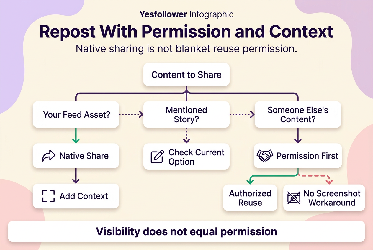 Decision tree explaining when to use native Instagram sharing, check Story mention options, or request permission before reposting content.