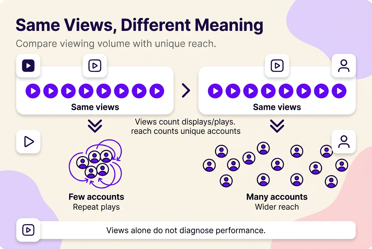Comparison diagram showing identical Instagram views produced by repeat plays from few accounts or by broad reach across many accounts.