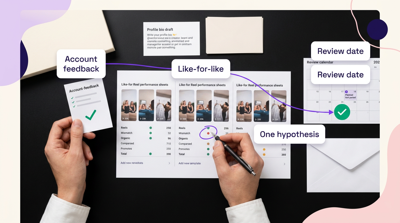 Hands reviewing account feedback and comparable Reel results before testing one Instagram account change at a time.