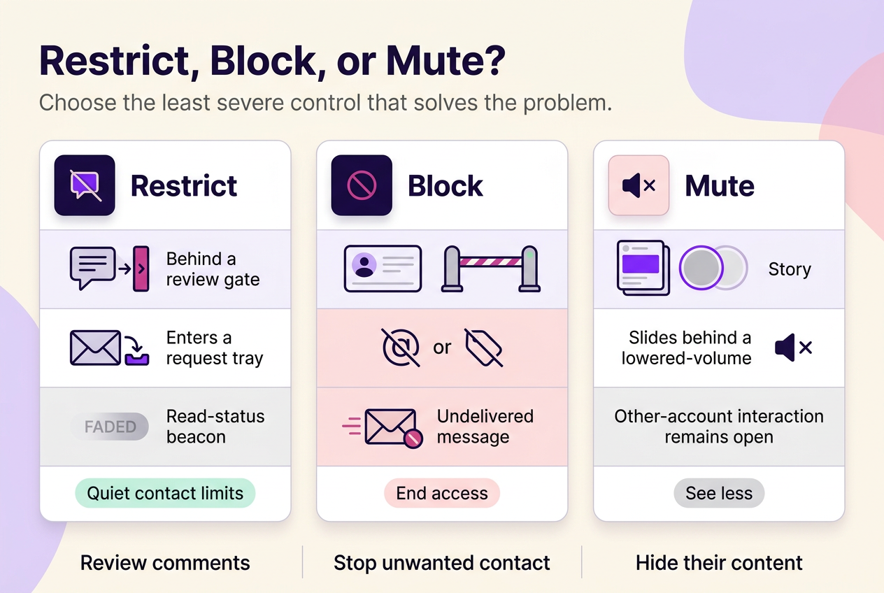 Comparison chart showing how Restrict limits interactions, Block removes access, and Mute hides an account’s content from your own view.