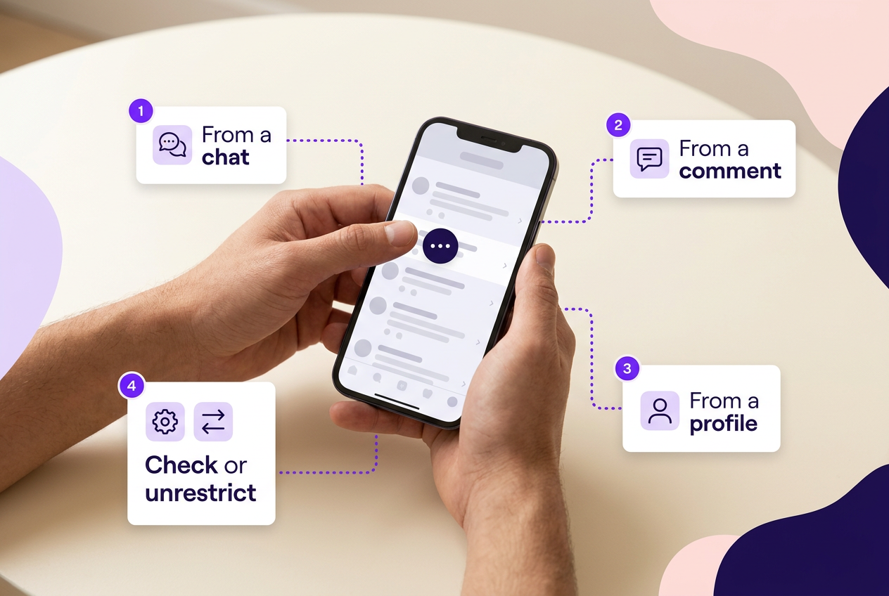 Hands using a phone with a diagram of ways to restrict or unrestrict an Instagram account from chats, comments, profiles, and settings.